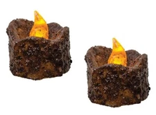 Set of 2 -- Primitive LED Flicker Burnt Mustard Timer Tealight with Drip Look