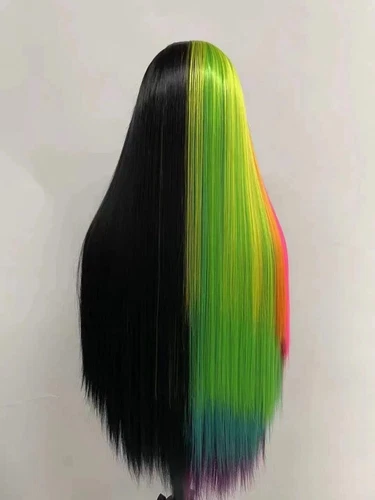 Half Black Half Rainbow Lace Front Wig 24 Inch Long Straight Synthetic Hair Wig - Picture 4 of 8