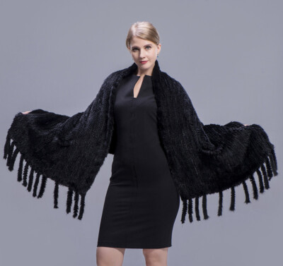 Black Knitted Mink Fur Shawl Wrap with Fringe and Pockets Luxor