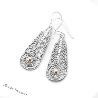 925 Silver Two Tone  Sterling Silver Gold Drop Earrings Bali Hand Made