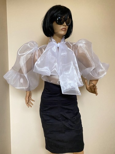 Sheer Transparent Organza Women's Formal Bow Puff Sleeves Blouse Shirt - Picture 15 of 21