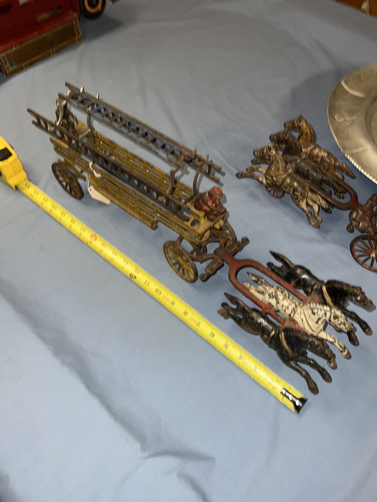 Antique 1900s Large Hubley 3-Horse Drawn Wagon Fire ladder Wagon Cast Iron