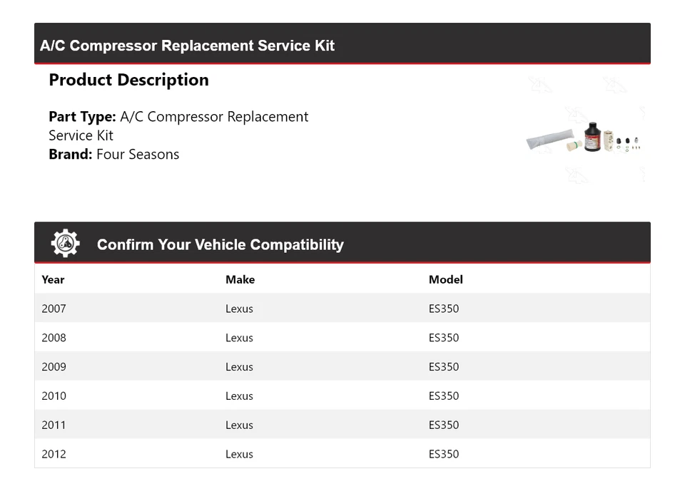 Kit de serviço de substituição de compressor Lexus ES350 A/C 2007-2012 4 temporadas 2008 - Imagem 2 de 4