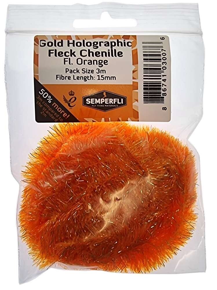 Gold Holographic Fleck Chenille Fritz 15mm Large Fl Orange - Fly Tying Materials