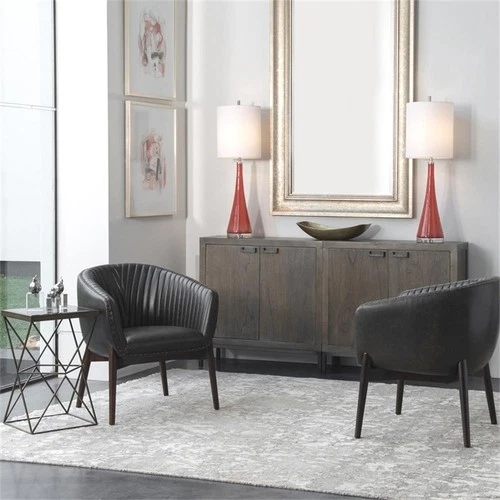 Uttermost Anders Faux Leather and Wood Accent Chair in Black and Brass - Picture 8 of 9