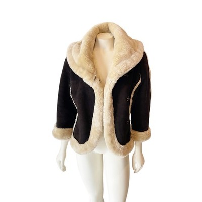 Mexx Faux Fur Suede Waist Jacket Brown Cream Vintage Size 8