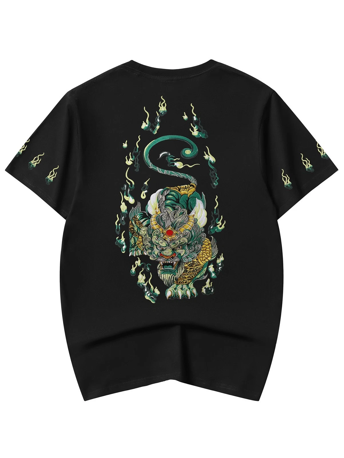 Niepce Japanese Streetwear Embroidery T-shirt Emerald Kirin Graphic Tee for Men