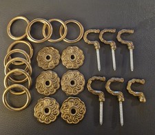 Vintage Messing Wand-/Deckenhaken mit Messing Rosetten und 10 Gardinenringen