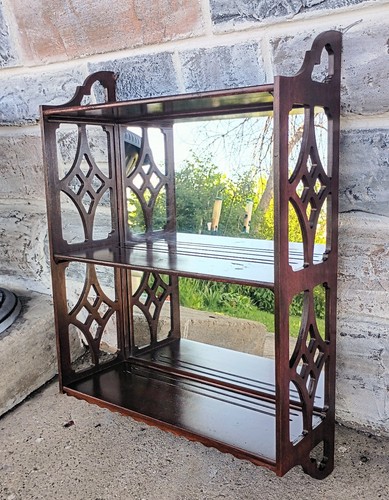 Vtg Mid Century Chippendale Scrolled Fretwork Mahogany 3 Tier Wall Shelf, Mirror