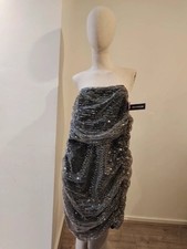 PLT Pretty Little Thing Shape Black Sequin Corset Ruched Bodycon Dress Size UK 8