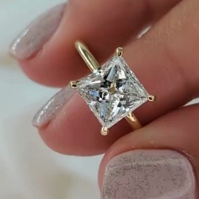 2.80 Ct Princess Cut Moissanite Solitaire Engagement Ring 14K Yellow Gold Plated