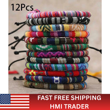 12pcs Bohemian Adjustable Unisex Bracelets Colorful Cotton Ethnic Style Set