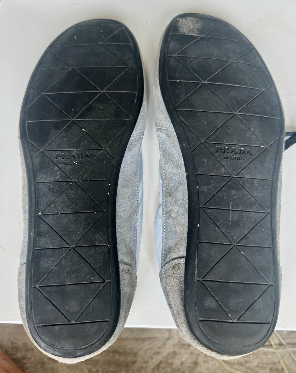 PRADA Collapse Re-Nylon and Suede Lace Up Sneakers Light Blue Gray