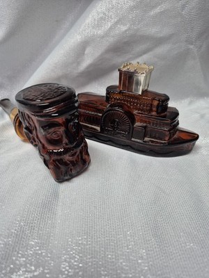 Vtg Avon After Shave Container -amber glass pipe decanter paddlewheel steamboat