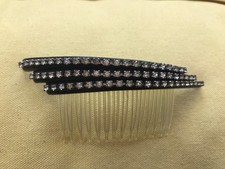 Vintage Art Deco black hair barrette with 3 rows clear rhinestones made in USA