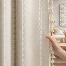 Boho Blackout Curtains 2 Panels 84 Inch for Living Room Bedroom, Beige Linen Tex