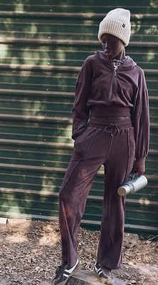 Free People Movement Let's Volley Velour Set Quarter Zip Brown Cocoa XL NWT