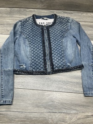Silvian Heach Denim Jacket Women s Small Cropped Metallic Chain Distress Stylish
