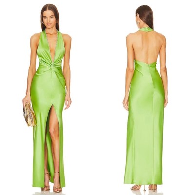 Khanums Halter Neck Crystal Embellished Deep V Pear Green Maxi Gown Size XS