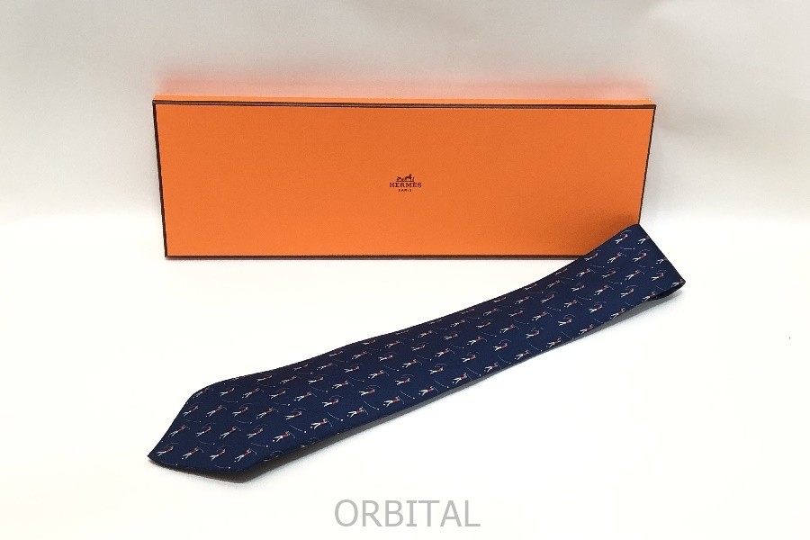 Kyodo) HERMES Silk Tie Golf Swing Navy Made in France with Box