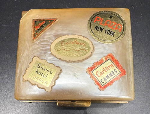 Vintage Travel Themed  Shave Kit -Gold Metal Box w/Mother of Pearl Top