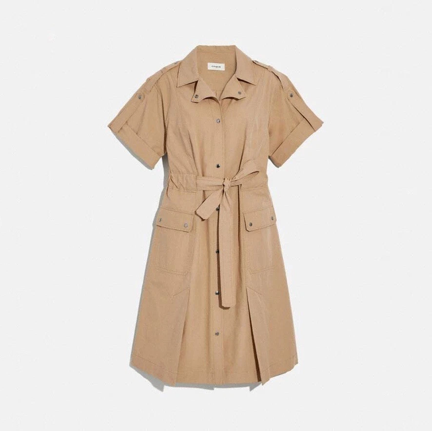 Abito camicia Coach cotone cravatta vita nuovo senza etichette è kaki taglia 2 $495