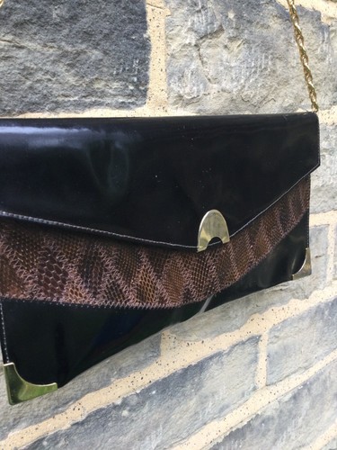 Black Real Patent Leather Brown Snake Skin Vintage 50’s Shoulder Bag Peter Alan - Picture 10 of 12