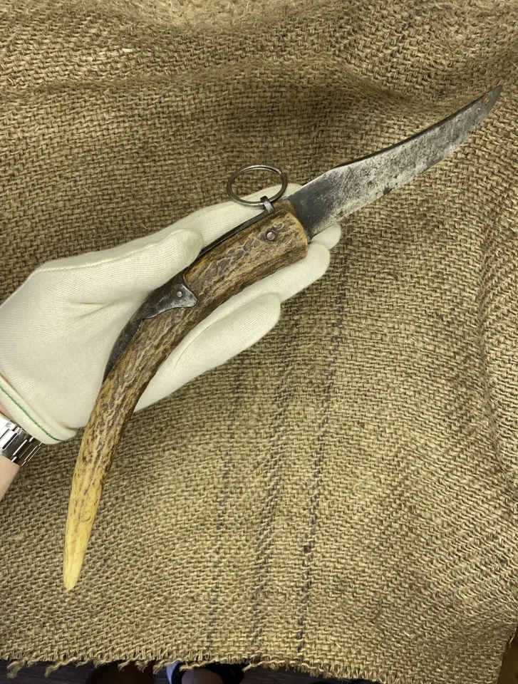 ANILLO ANTIGUO TIRAR CUERNO DE CIERVO PLEGABLE CAZA NAVAJA ESPAÑOL CUCHILLO LARGO Foto 2 de 4