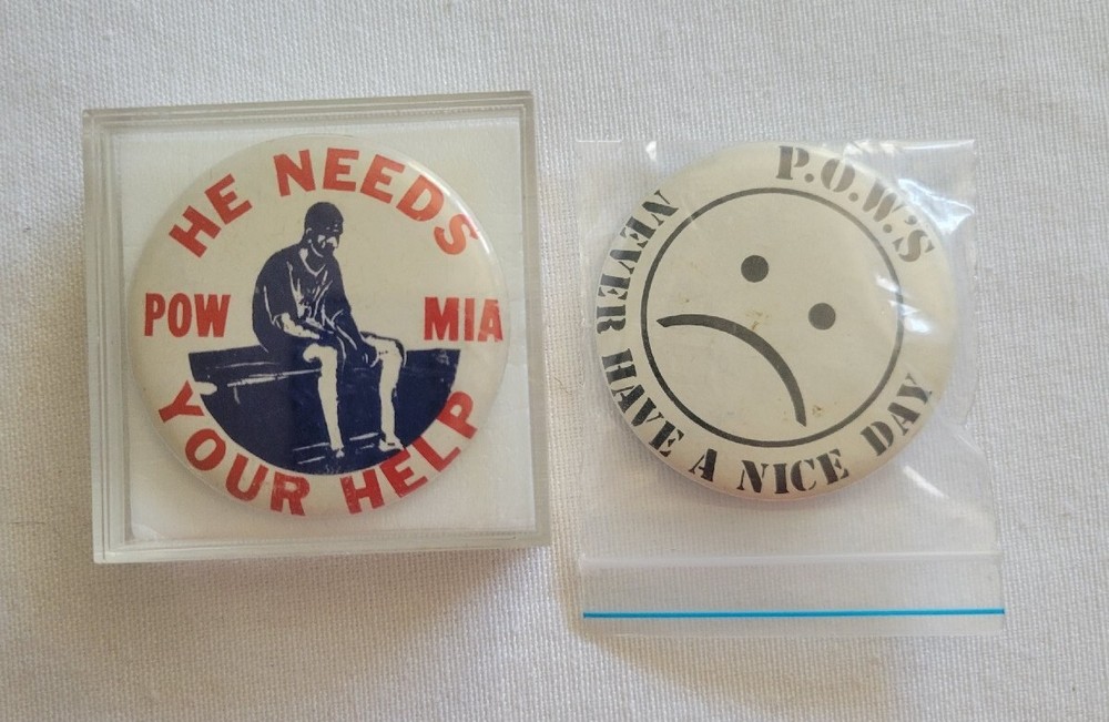 2- Vintage POW MIA He Needs Your Help Veteran Button Pin Pinback's