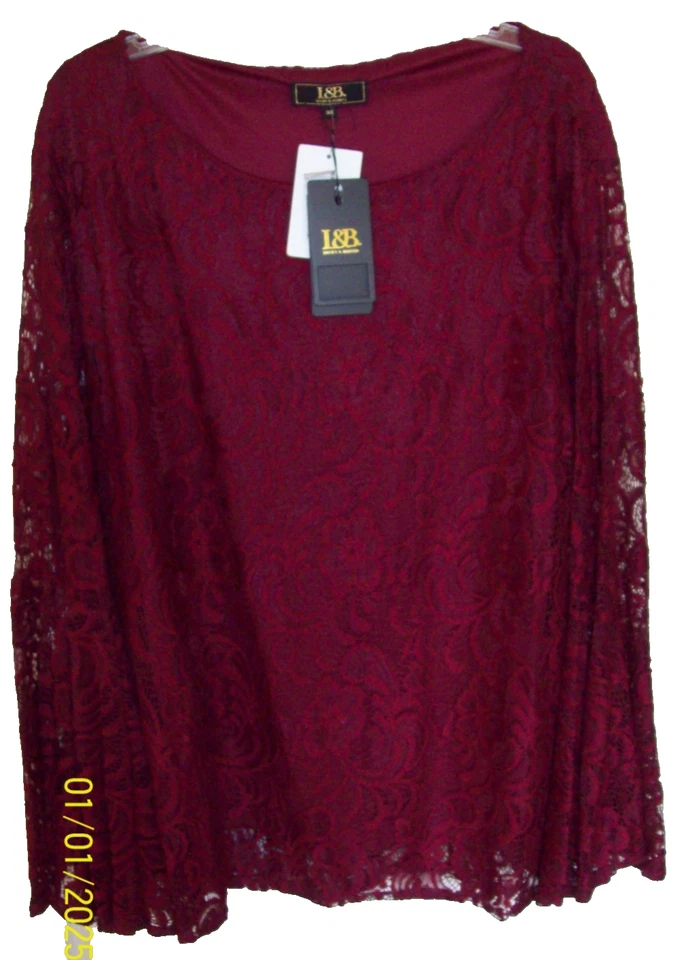 Lucky & Blessed L & B MAROON Lace DRESSY Top BELL SLEEVE Lined SZ 3X NWT $36 (L3