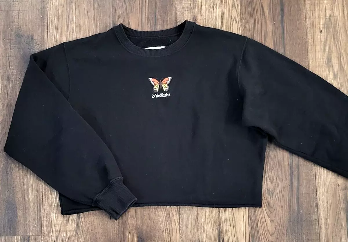 Hollister butterfly crop top sweatshirt cut off women sz XS black