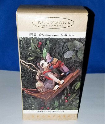 NEW Hallmark Folk Art Americana FETCHING THE FIREWOOD Santa & Dog 1995 ''carved''