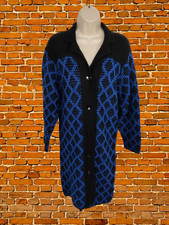 BLUE/BLACK SMALL CARDIGAN GEO PATTERN KNITTED BUTTON UP CASUAL JUMPER WOMENS