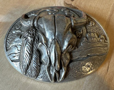 Vtg Silver Metal Cattle Ox Skull Skeleton  Feathers Desert Belt Buckle 3.75"w