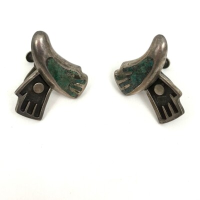 Rare Vintage Salvador Teran Sterling Silver Clip On Earrings Stone Blue