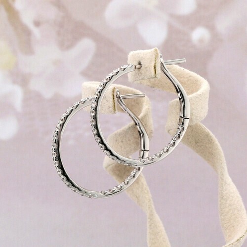 18K White Gold Round Hoop Earrings .76 Cts Round Diamonds .75" Diameter - Picture 2 of 10