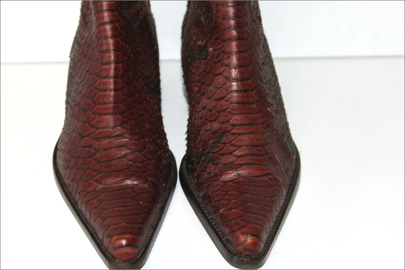 MANFIELD Bottines Pointues Cuir Imprimé Reptile Marron Acajou T 37 ETAT NEUF - Photo 4/4