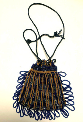 Crochet Beaded Purse Drawstring Bag Handmade Sack Unique Vintage Blue