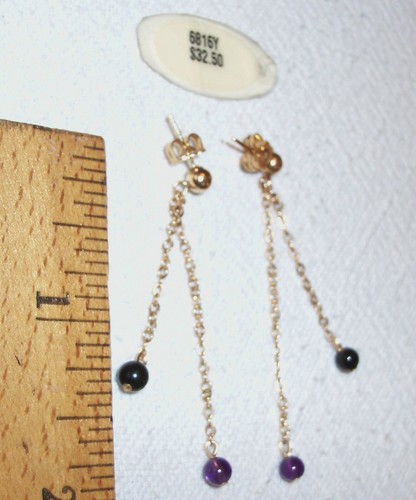 DAINTY DROP/DANGLE RED GARNET & AMETHYST BEADS W/GF CHAINS PIERCED EARRINGS - Picture 5 of 6