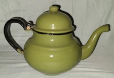 Vtg Huta Silesia MCM olive green enamelware small tea pot #12, made in Poland