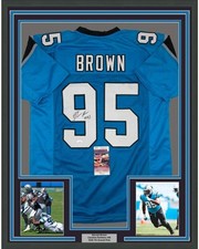FRAMED Autographed/Signed DERRICK BROWN 33x42 Carolina Blue Jersey JSA COA Auto
