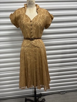 chinese dress ladies Apricot Ruffles Lace Semi Sheer Long Sleeve Vintage 1950s Swing Victoria's Fairy Dress, Apricot / L