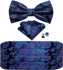 Men Cummerbund Bow Tie Set Silk Paisley Formal Pre-Tied Bowtie Pocket Square Cuf