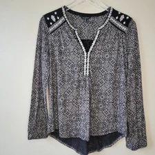 Lucky Brand Women Top Sz S Black White Print Embroidered Long Sleeve V Neck Boho