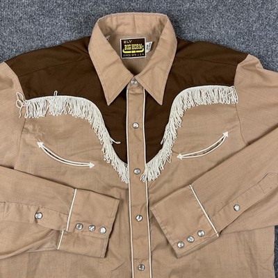 Vintage Ely Big Horn Shirt Mens L Brown Fringe Smile Pocket Western H Bar C USA