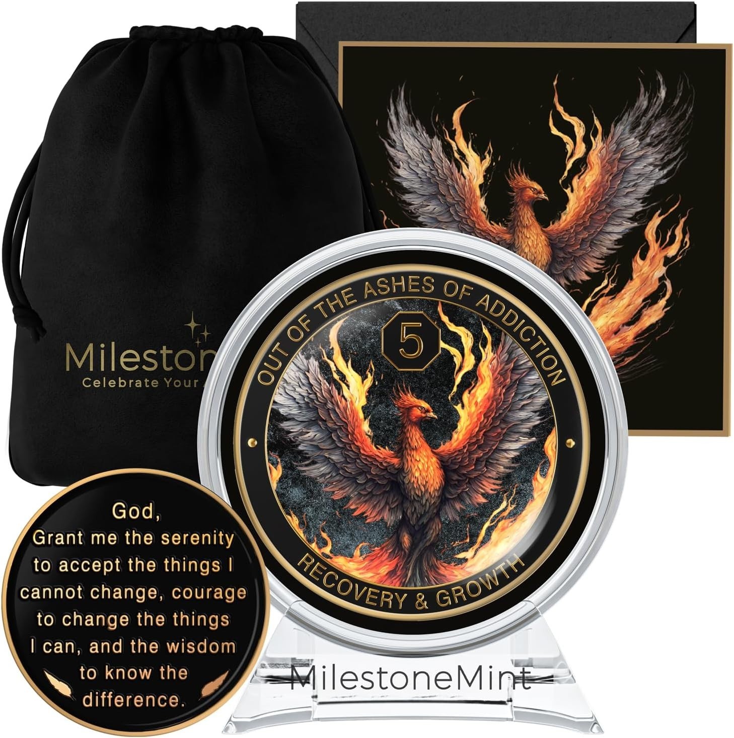 Phoenix Sobriety Coin 5 Year AA Chip Medallion Gift Set Sobriety Gifts for Anniv