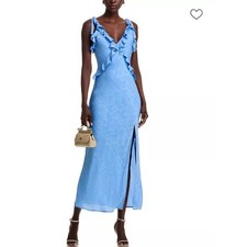 ASTR Women's Dress Sorba V Neck Ruffle Trim Sleeveless Tie Straps LIned Blue M