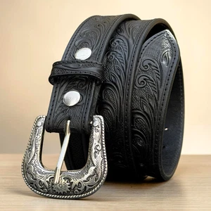 Black Handmade Western Floral Leather Belt Embossed Tooled Full Grain