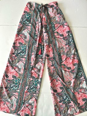 Karma Highway Pants Women One Size Paisley Harem Satin Elastic Waist Boho Hippie