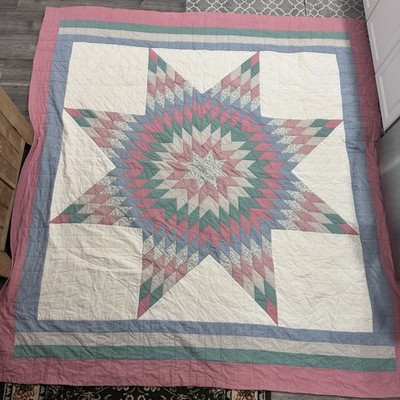Vintage Hand-made Lone Star Pastel Quilt 80x84 Patchwork Farmhouse Cottage Farm